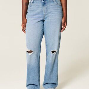 Hollister Curvy Ultra High-Rise Medium Wash Dad Jeans - Medium Ripped - Light Bl